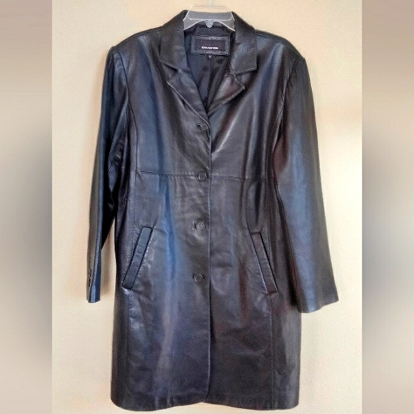 Genuine leather Jones New York size XL black trench coat - Y2K - Picture 1 of 5
